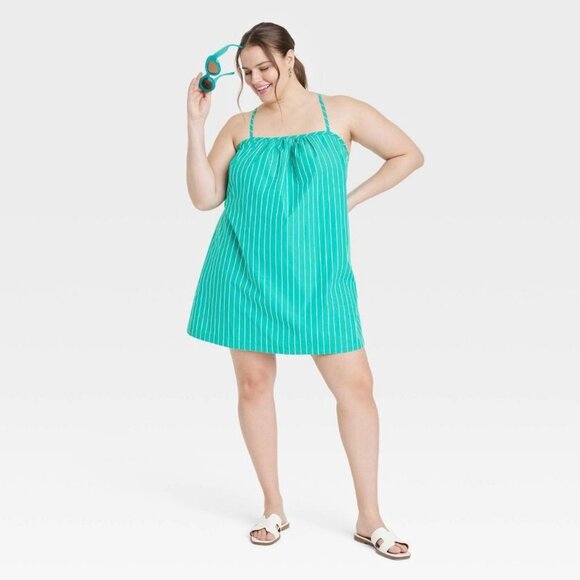 Large - Womens Sleeveless Shift Mini Dress - A New Day - Green Striped - Picture 7 of 9